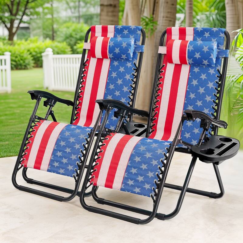 Set of 2 Zero Gravity Recliner Lounge Chairs with Cup Holders, Folding Patio Camping Beach Chairs for Outdoor Relaxation