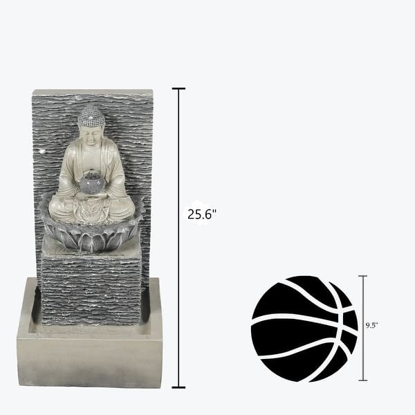 dimension image slide 3 of 2, Grey Resin Meditating Buddha on Pedestal Outdoor Patio Fountain with LED Light