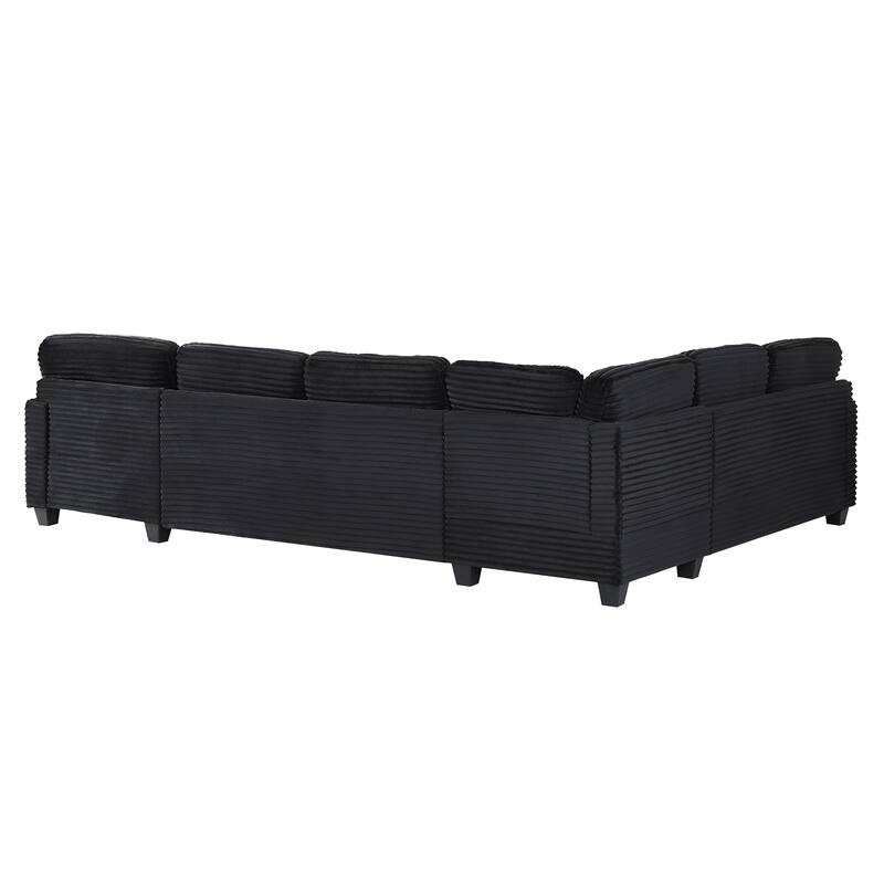U Shaped Sectional Sofa with 1 Movable Ottoman, Corduroy Upholstered 6 Seater Sofa, Corner Sofa with Storage Pockets