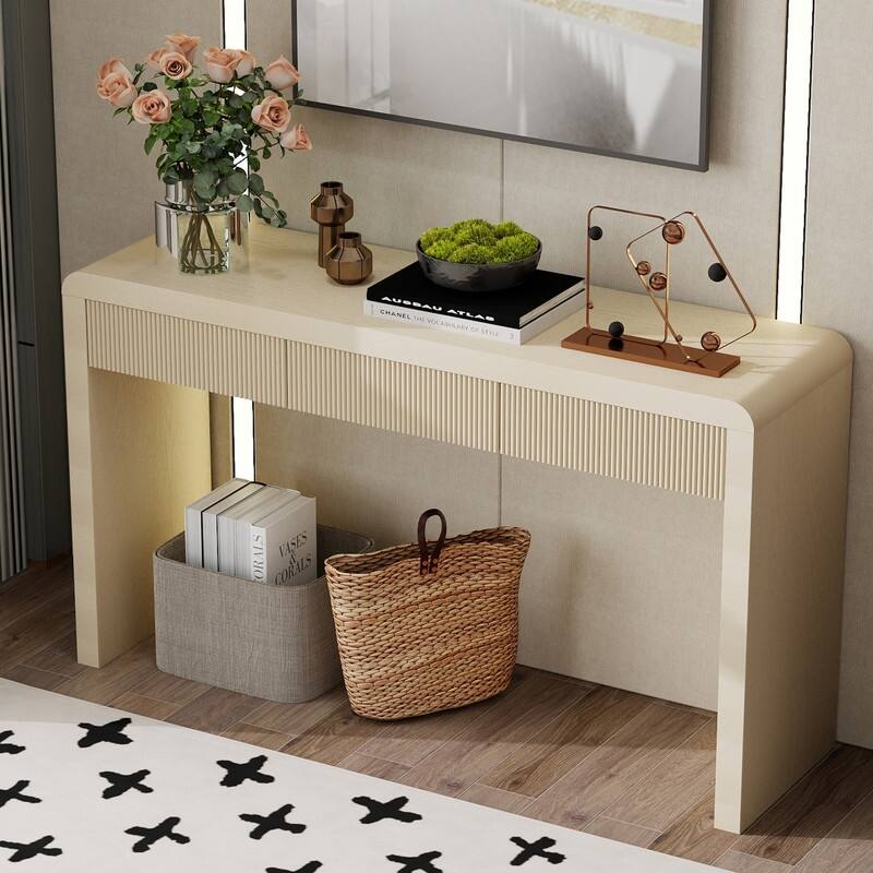Rustic Console Table with 3 Fluted Drawers - Solid Wood Veneer Entryway Table Featuring Natural Wood Grain for Living Room