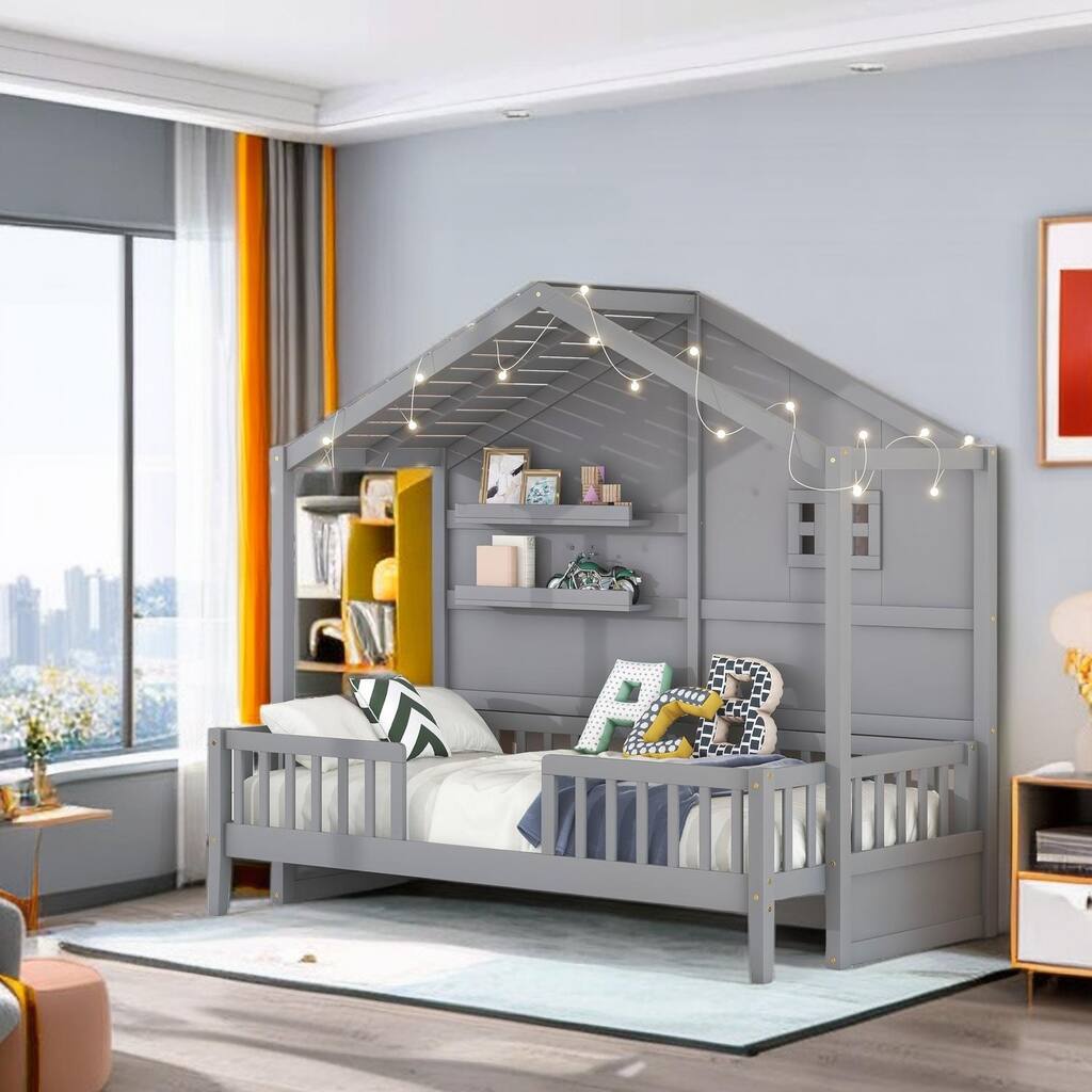Twin Bookcase Bed with Shelves Bookcase bed and Light Strip Twin bed frame for Kids Bedroom Decor