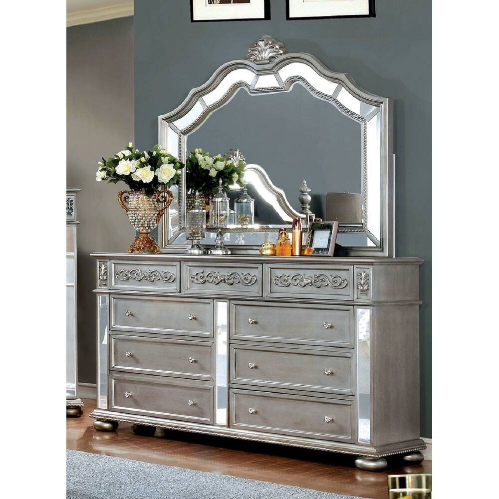 Zeln Transitional Silver 64-inch Wide Wood 9-Drawer 2-Piece Dresser and Mirror Set by Furniture of America