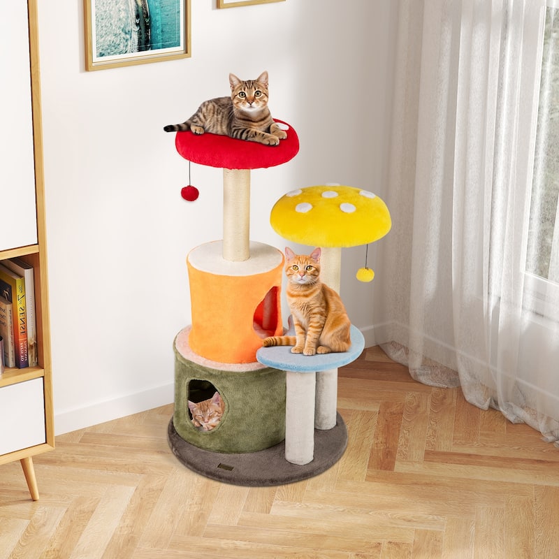 43" Multi-Level Cat Tree Tower with Sisal Posts Mushroom Perches Condos and Dangling Toys