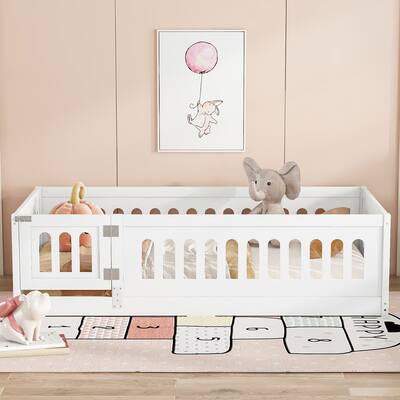 Solid Wood Montessori Floor Bed with Fence & Doors, Wood Slats Support