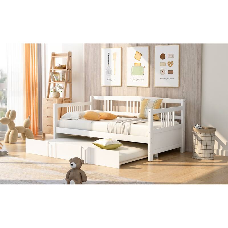 Pine Wood Daybed Frame with Twin Size Trundle, Headboard and Footboard