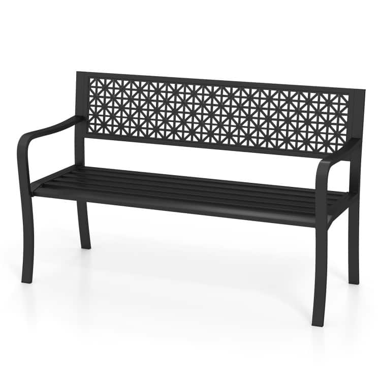 Black Metal Outdoor Bench with Patterned Backrest, Curved Armrests and Easy Assembly - 50" L x 23" W x 32" H