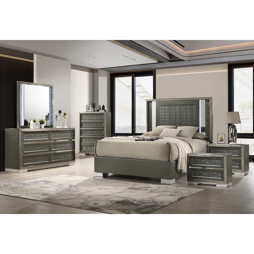 Furniture of America Iralles Modern 6-Piece Dark Grey Wood King Platform Bedroom Set with LED Light