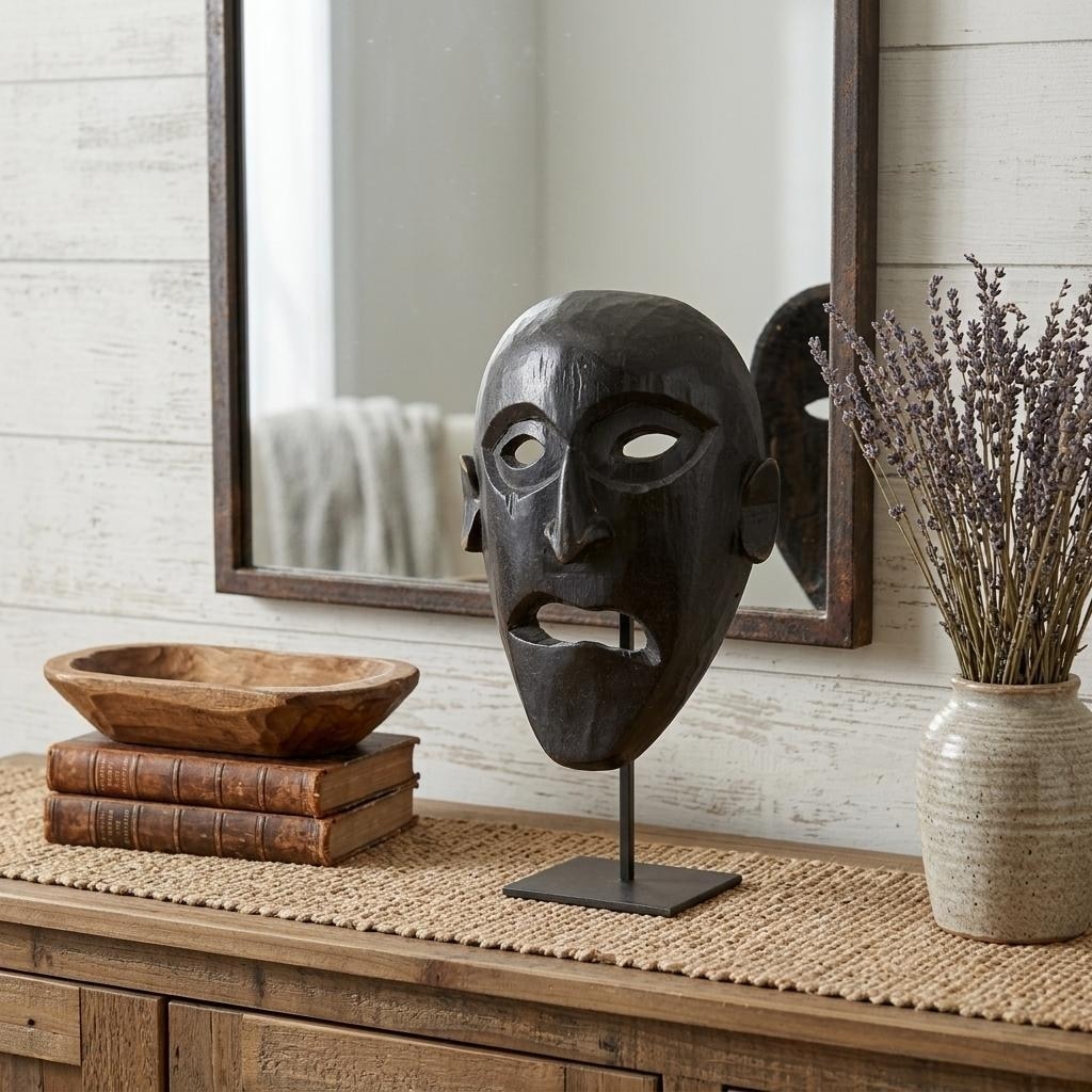 HomeRoots 11" Black Solid Wood Decorative Mask Tabletop Sculpture - 8.00 in. x 11.00 in. x 3.00 in.