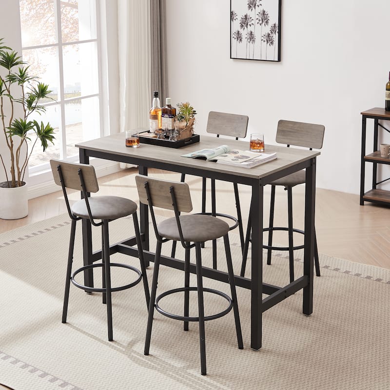 Rustic Bar Table and Chair Set for 4, Upholstered Bar Chairs with Curved Back, Dining Table for Breakfast Nook - Grey