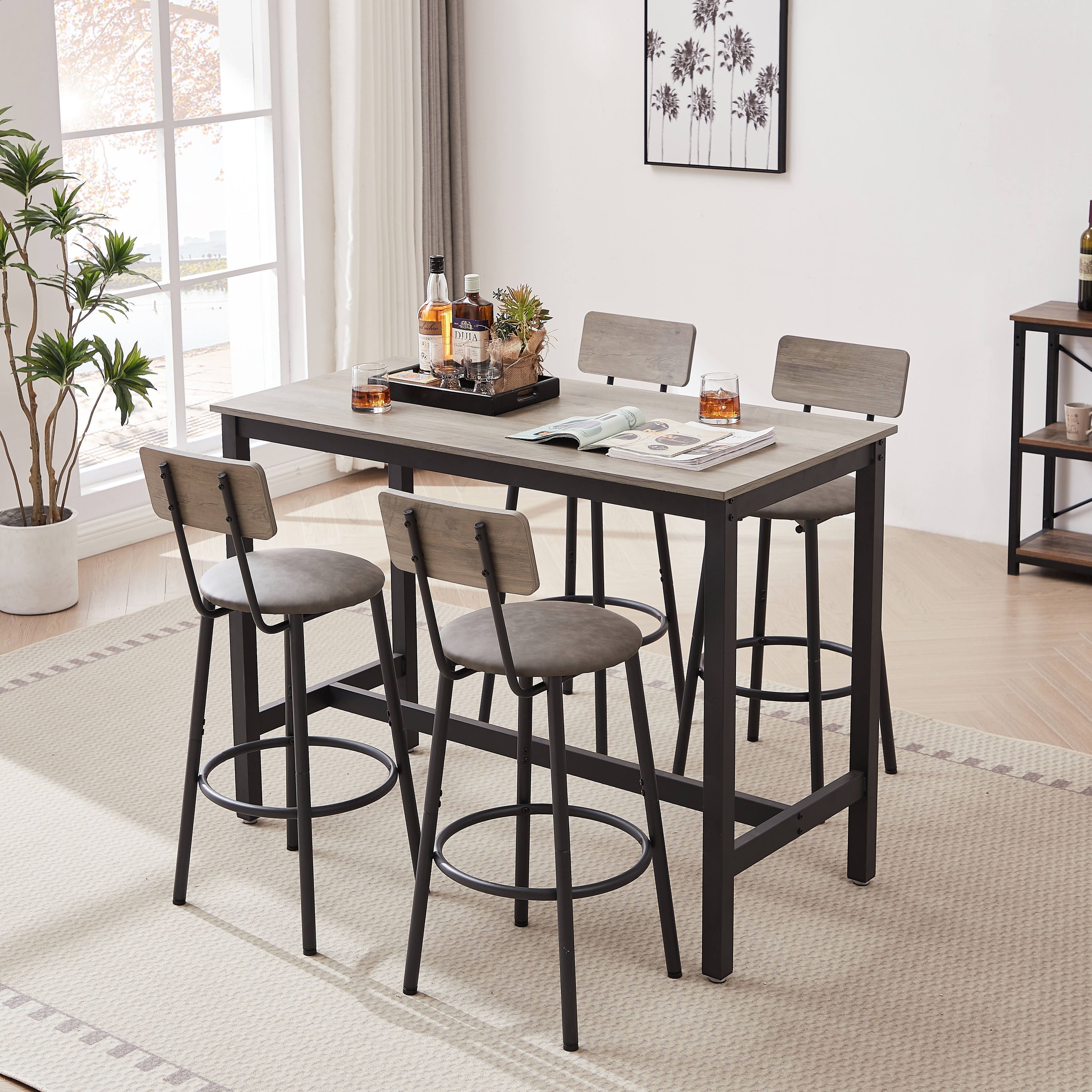 Rustic Bar Table and Chair Set for 4, Upholstered Bar Chairs with Curved Back, Dining Table for Breakfast Nook