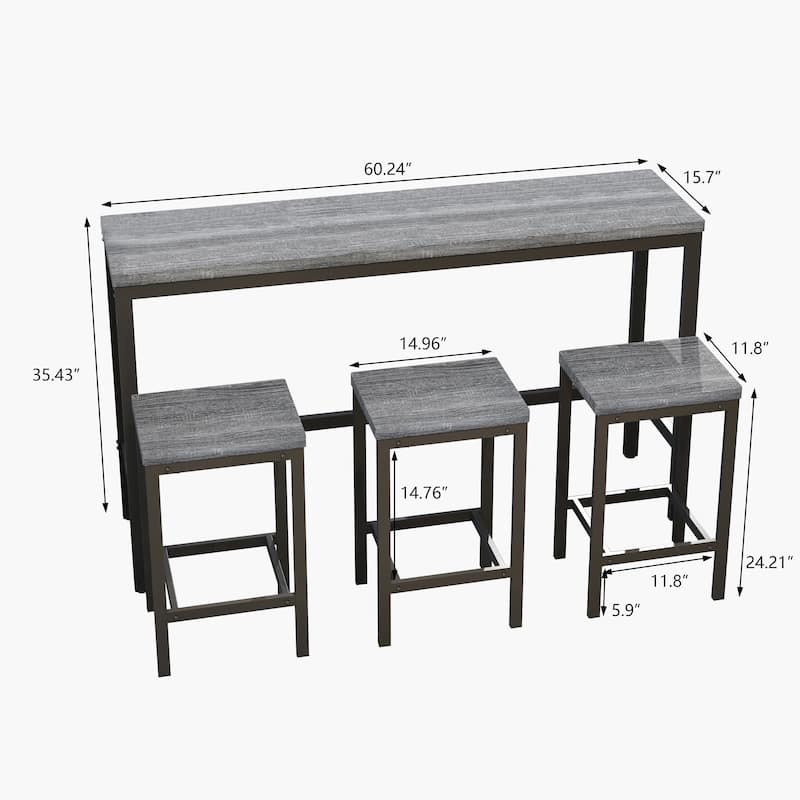 Long Dining Table Set with 3 Stools Pub Kitchen Set Side Table with Footrest