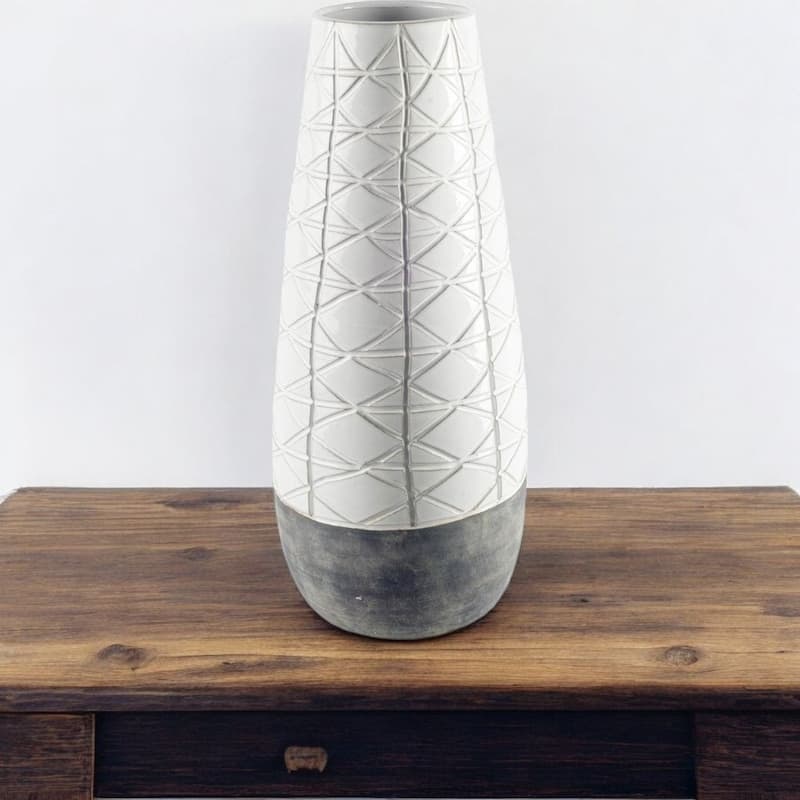 21" Gray And White Abstract Cylinder Ceramic Table Vase - 21" H x 8" W x 8" D