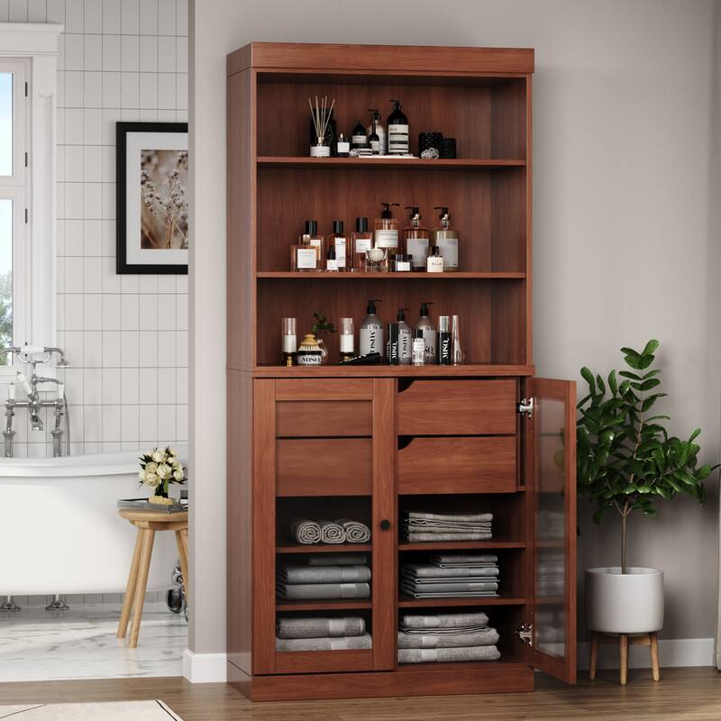 100% Solid Wood 32" Bathroom Cabinet with Optional Doors, 2-Drawers by Palace Imports - Mocha - 2 Glass Doors
