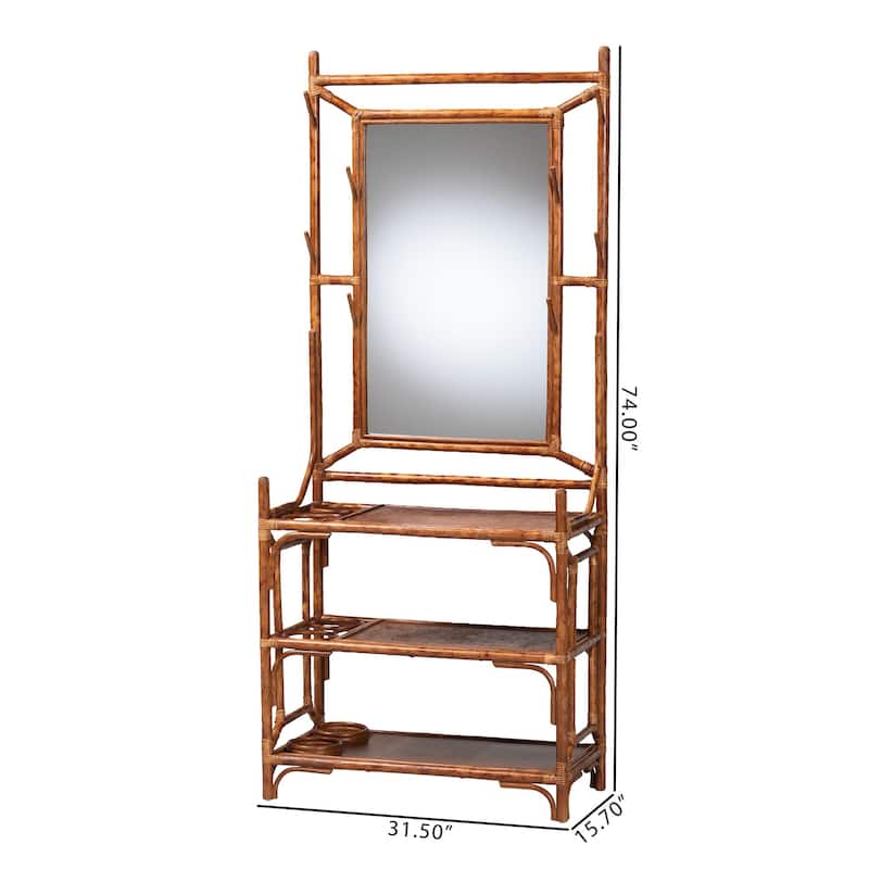 Feyre Marbled Tortoise Natural Rattan Hall Tree - Handcrafted Wicker Entryway Organizer with Mirror, Shelving and Hooks