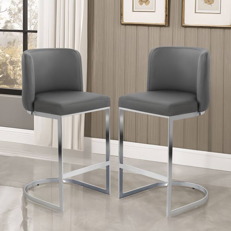 26" Upholstered Bar Stools, Counter Height Stools - 18.11"W x 19.69"D x 37.4"H - Set of 2 - Leather Grey