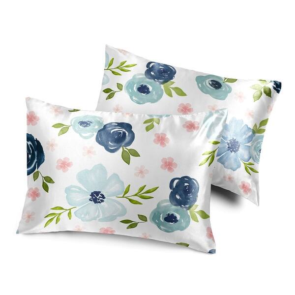 slide 2 of 6, Sweet Jojo Designs Navy Blue Boho Floral Girl Decorative Satin Pillowcases - 2 Pack Set - Bohemian, Shabby Chic Watercolor, Rose