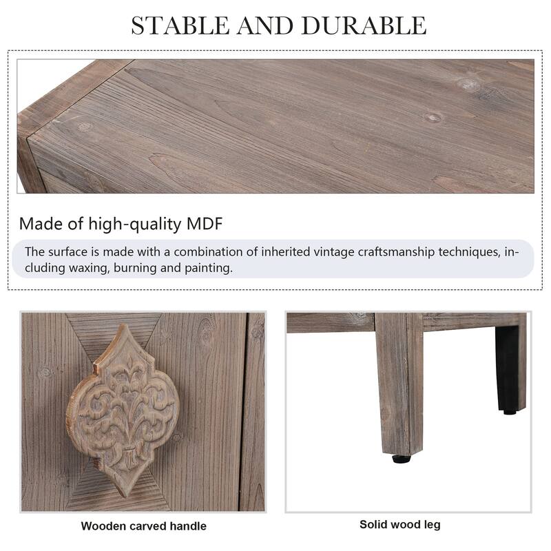 59.8" Antique 4-Door Sideboard Buffet Cabinet with Carved Flower Handles, Pine Veneer Storage Console for Living Room