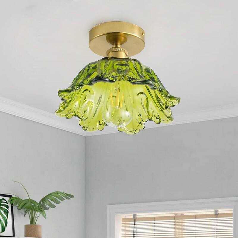 Vintage 1-Light Green Glass Semi Flush Mount Ceiling Fixture with Brass Base