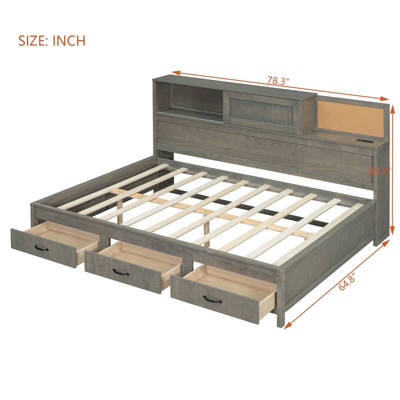 Twin/Full Size Wooden Daybed with Charging Station, Storage Bed Frame with 3 Drawers and Shelf with Door