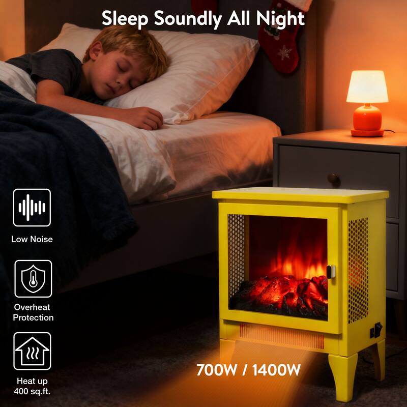 17 inch Freestanding Electric Fireplace Stove heater with 3D Flame effect,Lemon Yellow