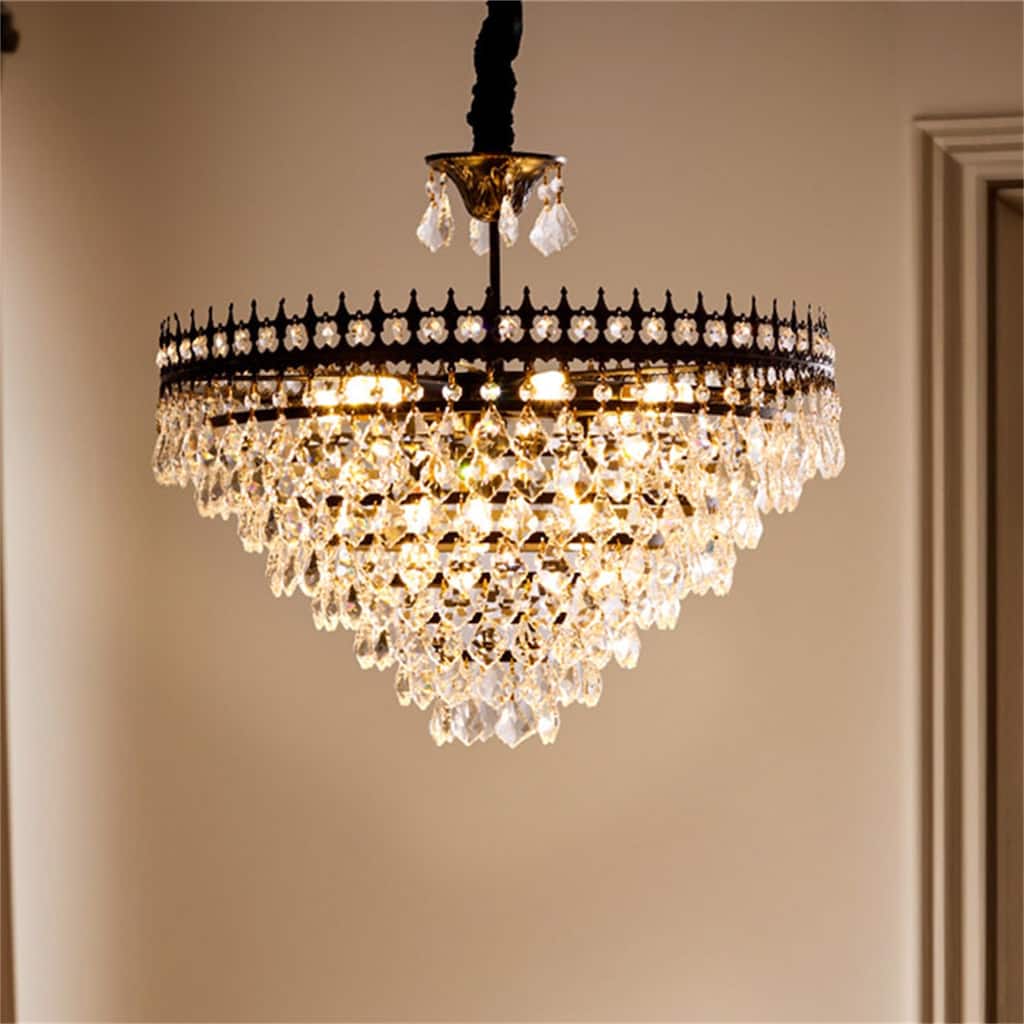 30/60CM Round Crystal Light Fixture with 3 Color Black Gold Crown Design Chandelier for Entryway, Living Room, Bedroom