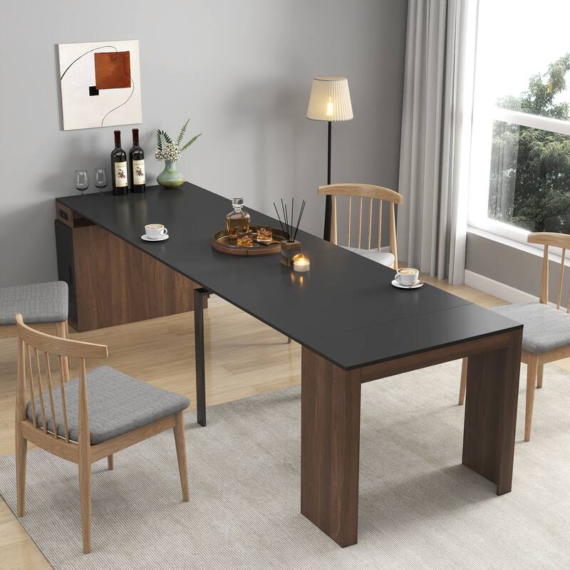 Modern Extendable Dining Table with Outlet & Storage, Space-Saving Expanding Table for Party & Meetings - Black