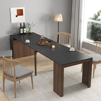 Modern Multifunctional Extendable Dining Table with Outlet, Space Saving Expanding Table with Storage - Walnut+black