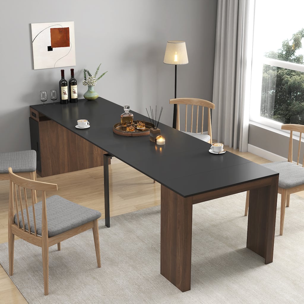 Roomfitters Modern Extendable Dining Table with Built-In Outlet, Multifunctional Expandable Console Table with Storage