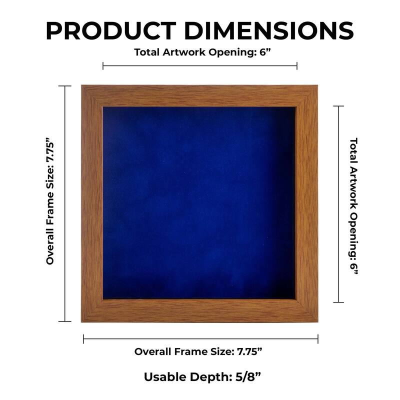 6x6 Shadow Box Frame Light Brown Wood | With a 3/4" Usable Display Depth | Includes a Royal Blue Real Suede Texture Acid-Free