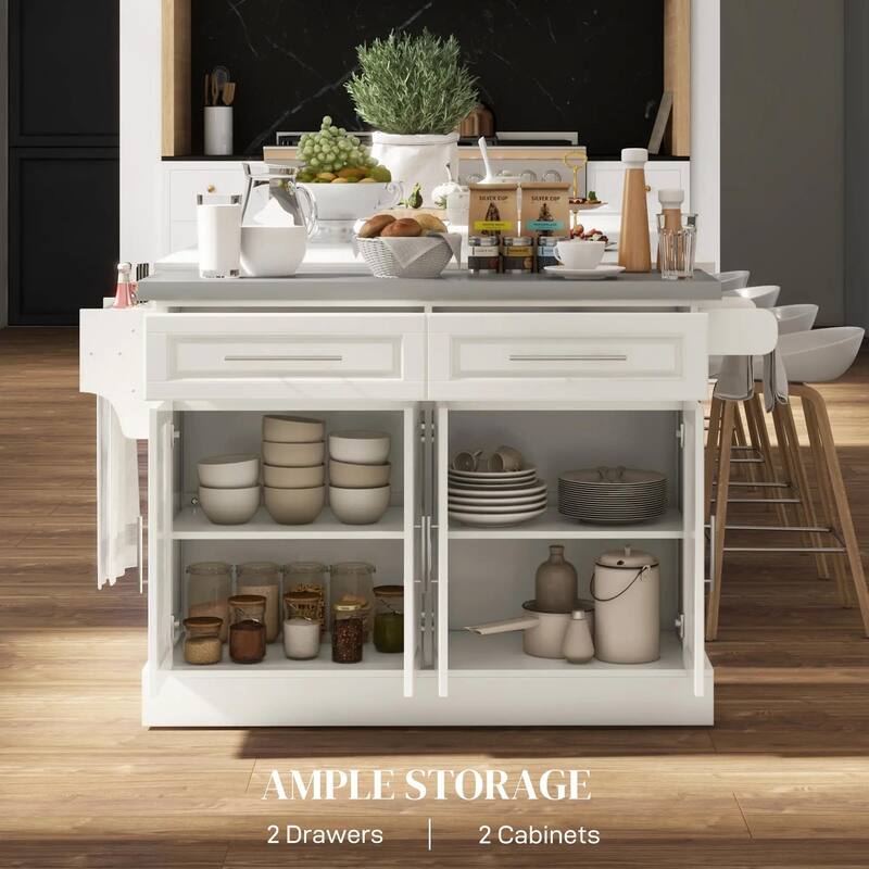 Rolling Kitchen Island with Stainless Steel Top,2 Drawers,Spice, Knife