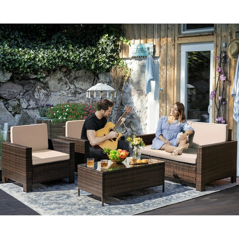 Homall Rattan Steel/ PE Rattan 4-piece Outdoor Patio Furniture Set - Beige