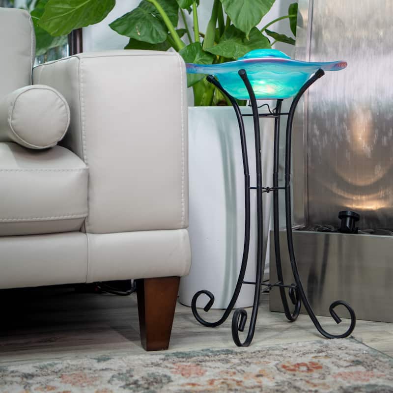 27in Tall Floor Mist Fountain with LED Lights and Inline Control - Blue Glass and Metal Design, Blue Freestanding Mist Fountain