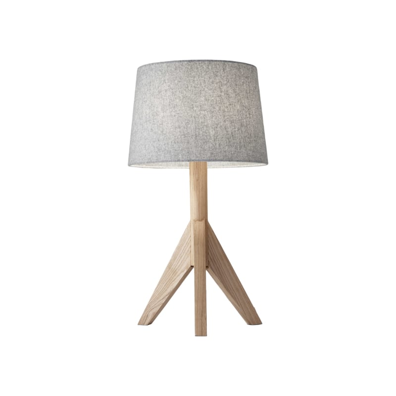 25" Natural Solid Wood Tripod Table Lamp with Grey Fabric Empire Shade and Socket Rotary Switch - 24.5”H x 12.5”W x 12.5”D