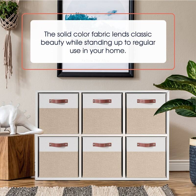 Foldable Collapsible Storage Box Bins Linen Fabric Shelf Basket Cube Organizer with Leather Handles - Set of 6