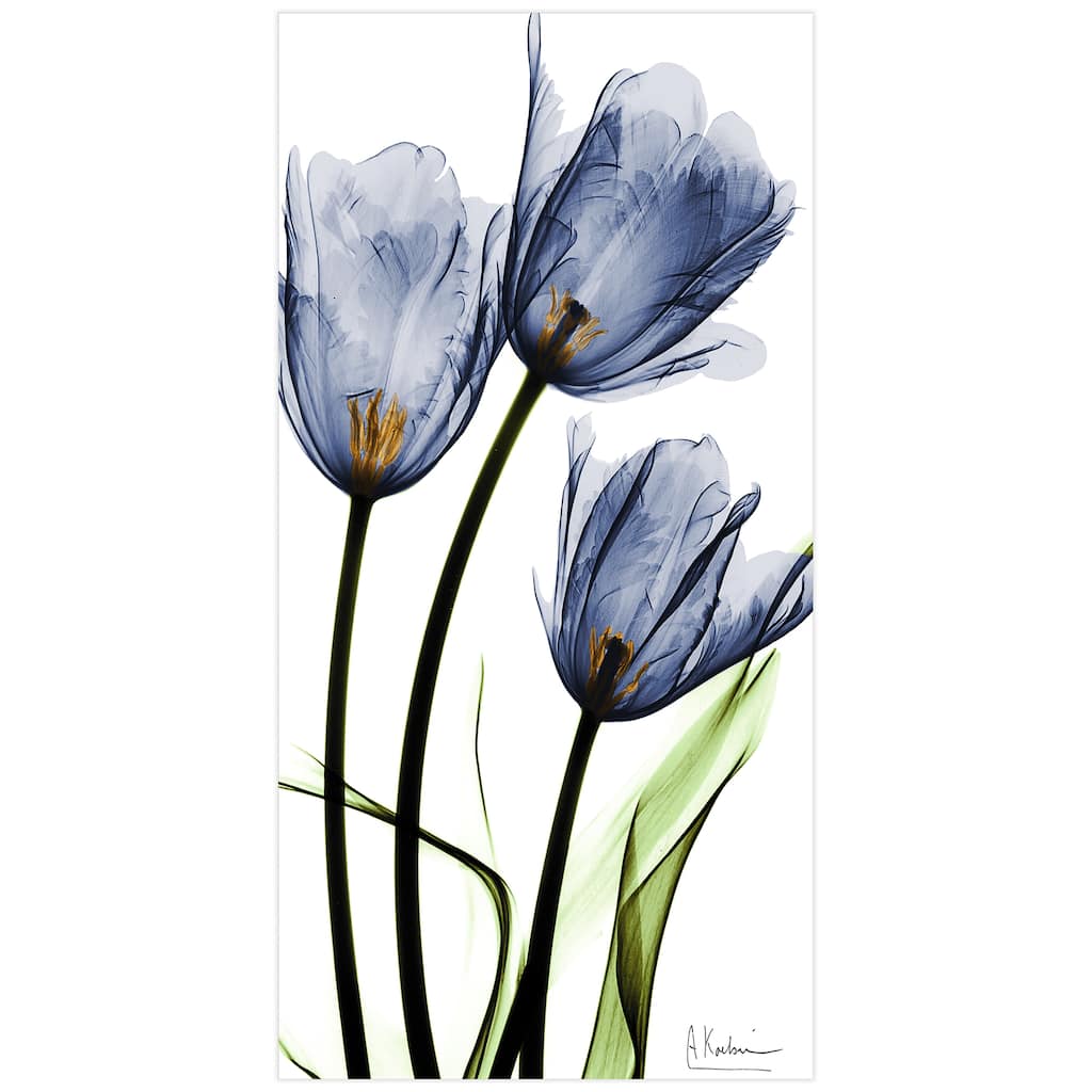 "Three Blue Tulips" Frameless Free Floating Tempered Glass Panel Graphic Wall Art
