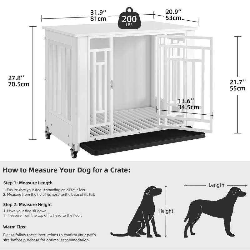 Dog Crate 32"/36" Furniture Wooden Side End Table with Wheels And Tray