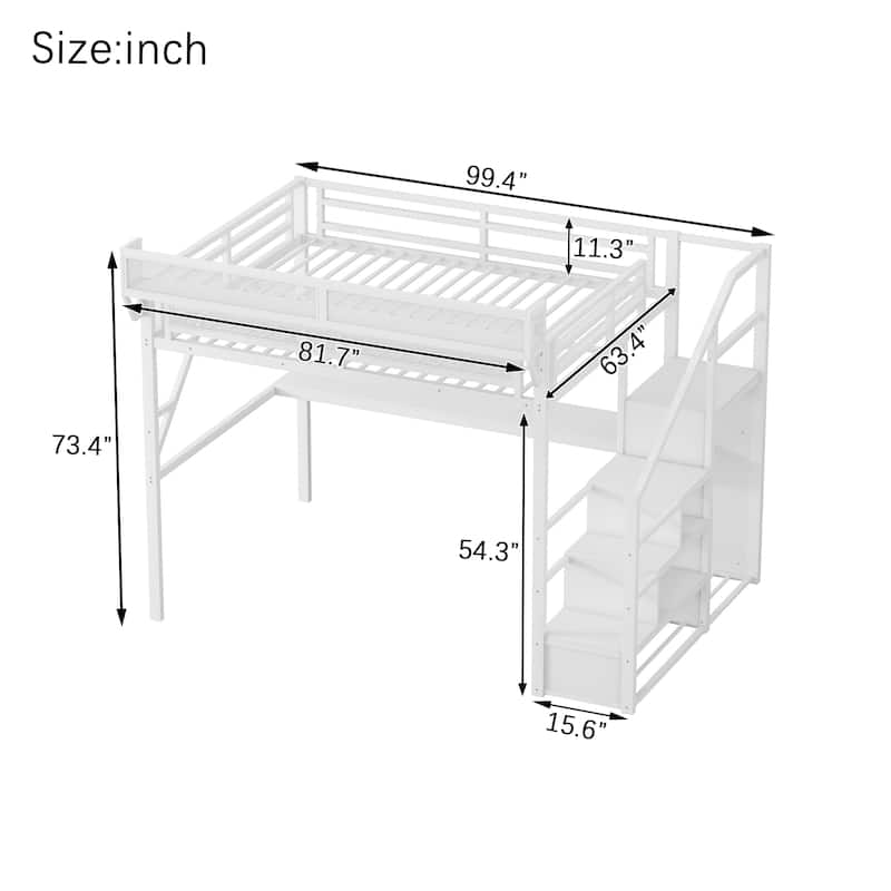 Iron Loft Bed Frame with Desk, Charging Station, Bedside Shelf and Wardrobe, Heavy Duty Metal Loftbed with LED Lights
