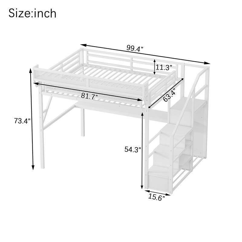 Queen Loft Bed with Desk and Charging Station, Queen Size Metal Loft Bed with Stairs and Light for Kids Teens