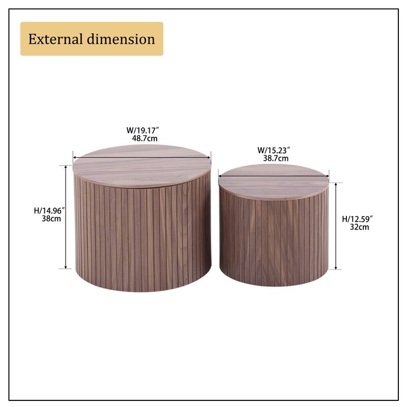Set of 2 Round Nesting Tables, Vertical Stripe Coffee Table Sets with Hidden Storage and Disassembled Tabletop