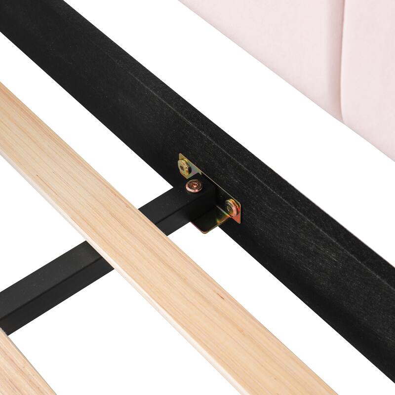 Roomfitters Full/Queen Size Upholstered Grounded Platform Bed with Bedside Desk and Round Stool, Velvet Fabric Bed Frame