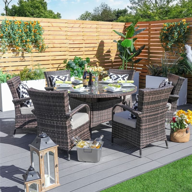 7-piece Modern Outdoor Aluminum Wicker Dining Set with 6 Chairs - Brown