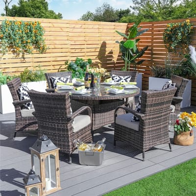 7-piece Modern Outdoor Aluminum Wicker Dining Set with 6 Chairs