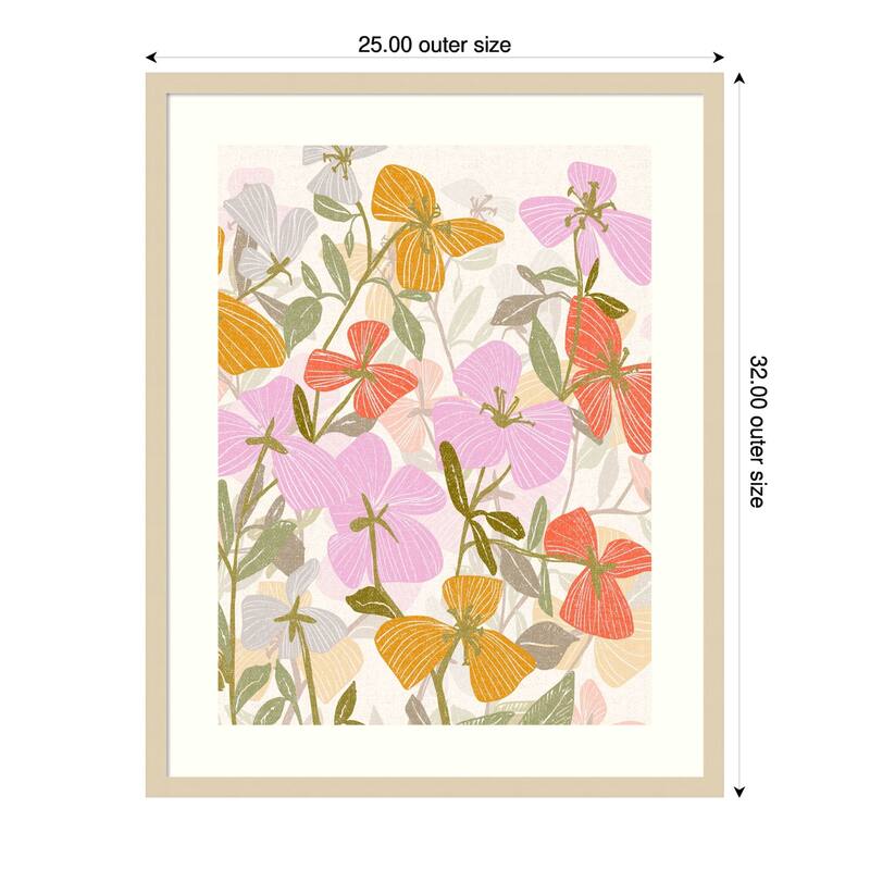 Colorful Petals and Green Leaves by Annick Wood Framed Wall Art Print - Brown