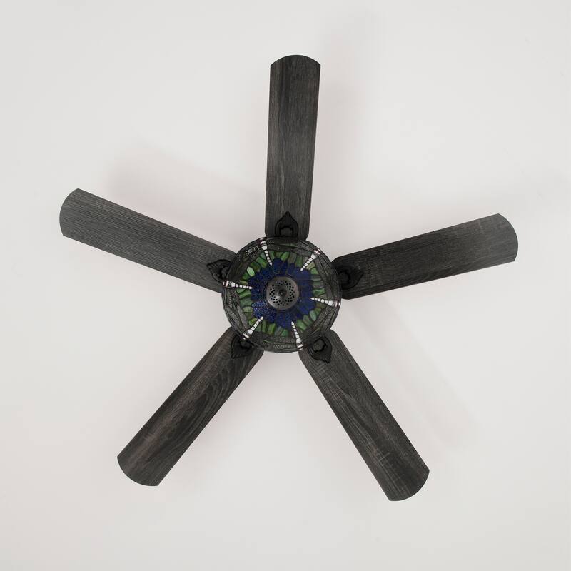 Penana 52-Inch Flushmount Lighted Ceiling Fan Green Blue Dragonfly Tiffany Glass Lamp Black Finish