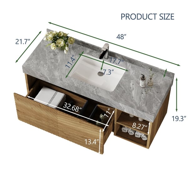 dimension image slide 5 of 10, 48" Modern Floating Single Bathroom Vanities with Sink, Brown or Natural wood, 2 Drawers