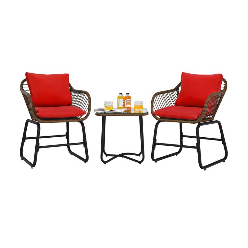 Costway 3PCS Patio Rattan Bistro Set Cushioned Chair Glass Table Deck - See Details
