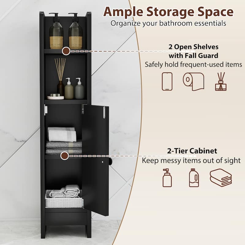 Slim Bathroom Floor Cabinet with Adjustable Shelves Magnetic Door and Open Shelves for Small Spaces - 8" x 7" x 31.5"(L x W x H)