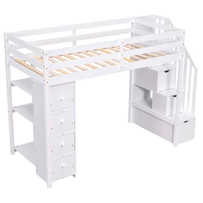 Twin Size Wooden Loft Bed with Storage Drawers, Shelves, and Stairs - White