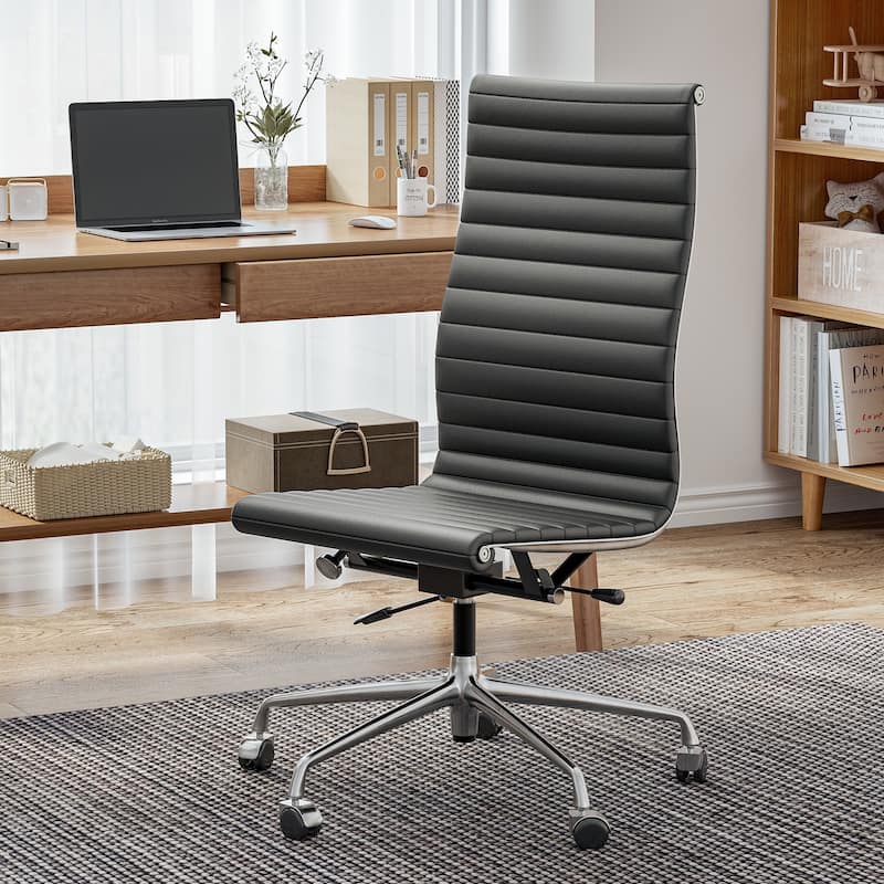 Mid Century Top Grain Leather Ergonomic Armless Office Swivel Chair - Black High Back 