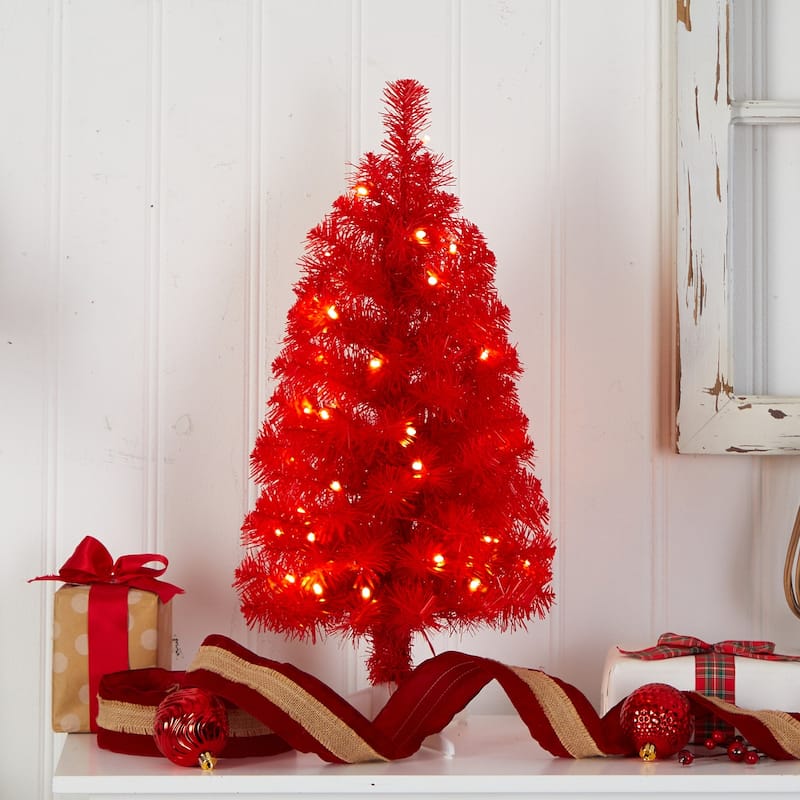2ft. Red Artificial Christmas Tree with 35 LED Lights & 72 Branches - Festive Holiday X-Mas Accent